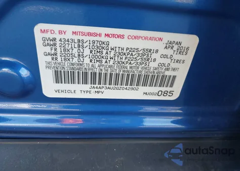 2016 Mitsubishi Outlander Sport 2.0 Es из США, поврежденный, VIN JA4AP3AU2GZ042902